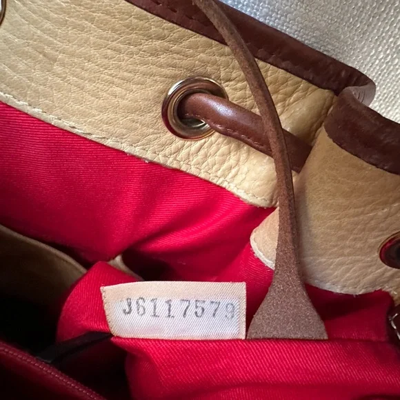 Vintage Dooney & Bourke Tan and Brown Leather Drawstring Bucket Bag